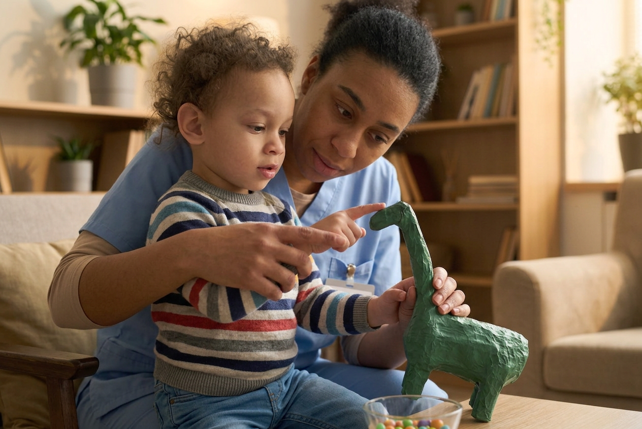 Support professional helping a child with a creative learning activity